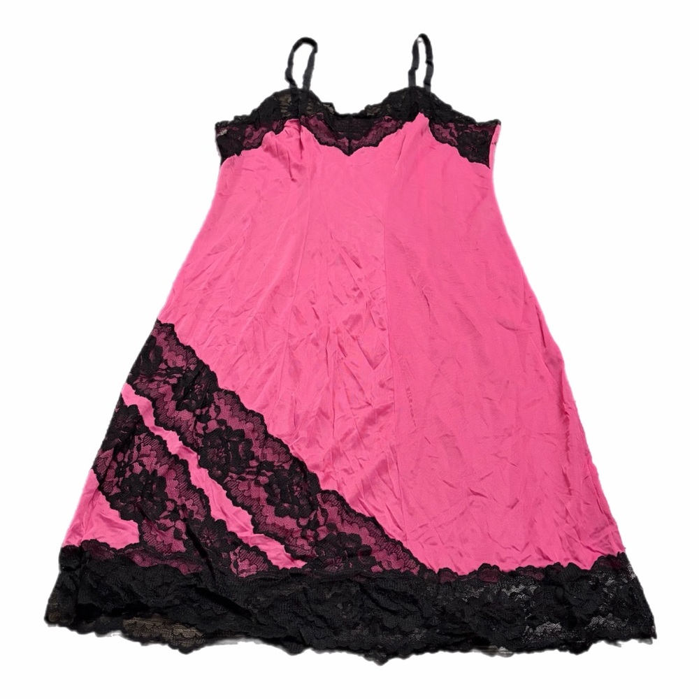 70s European Vintage Silky Lace Midi Slip Dress (Pink/Black) Size M/L (EU 44)